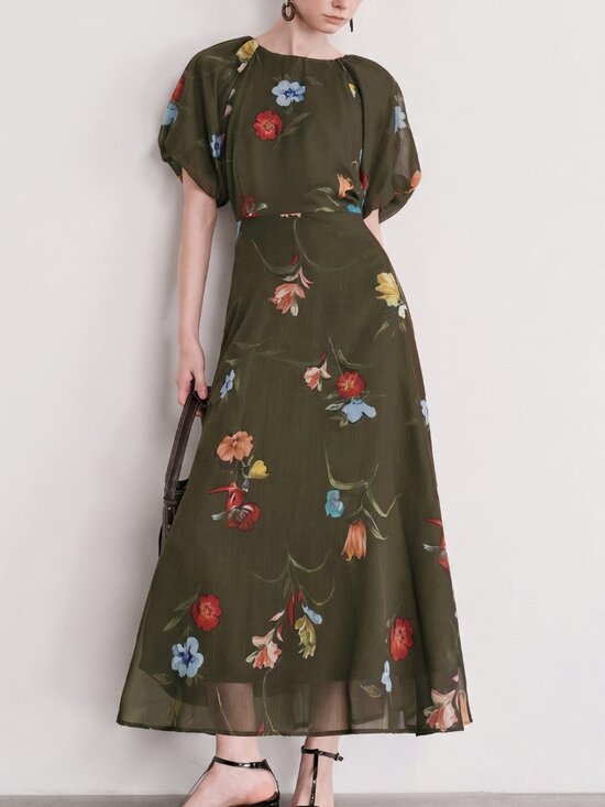 MODA ME COUTURE Dresses & Skirts - Dark Green Elegant Women's Chiffon Floral Print Round Neck Short Sleeve Dress